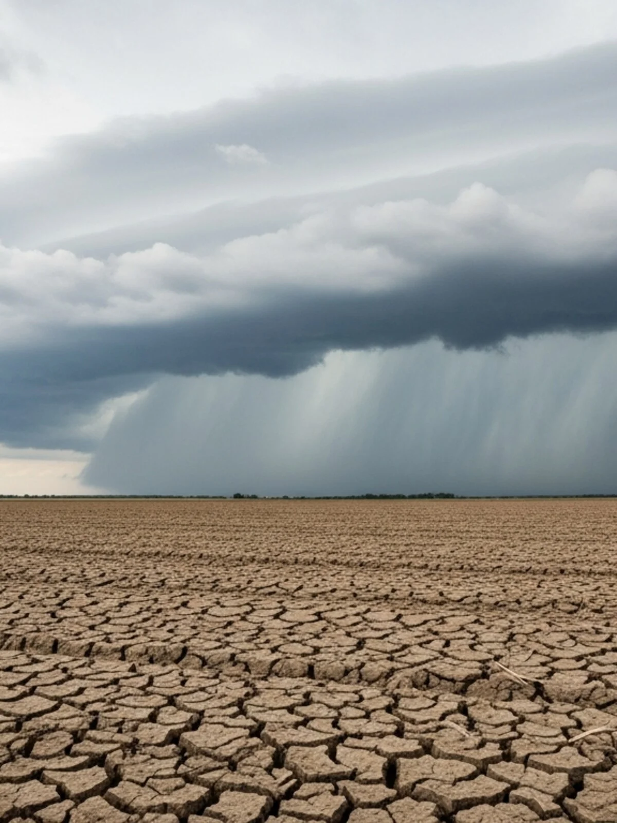 Un campo agr&iacute;cola seco y agrietado ocupa el primer plano, mientras una nube de tormenta oscura con lluvia intensa domina el cielo distante.